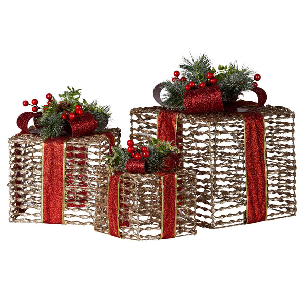 Christabelle Set Of 3 Christmas Gift Boxes With Lights - Champagne With Red Bows