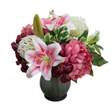 Rose Peony & Wisteria Arrangement in Glass Artificial Flower Plant - Pink
