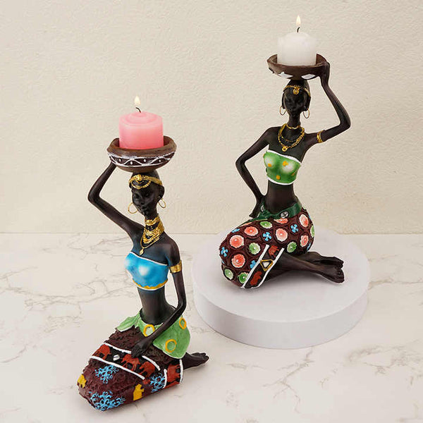 Green European Resin African Woman Candle Holders
