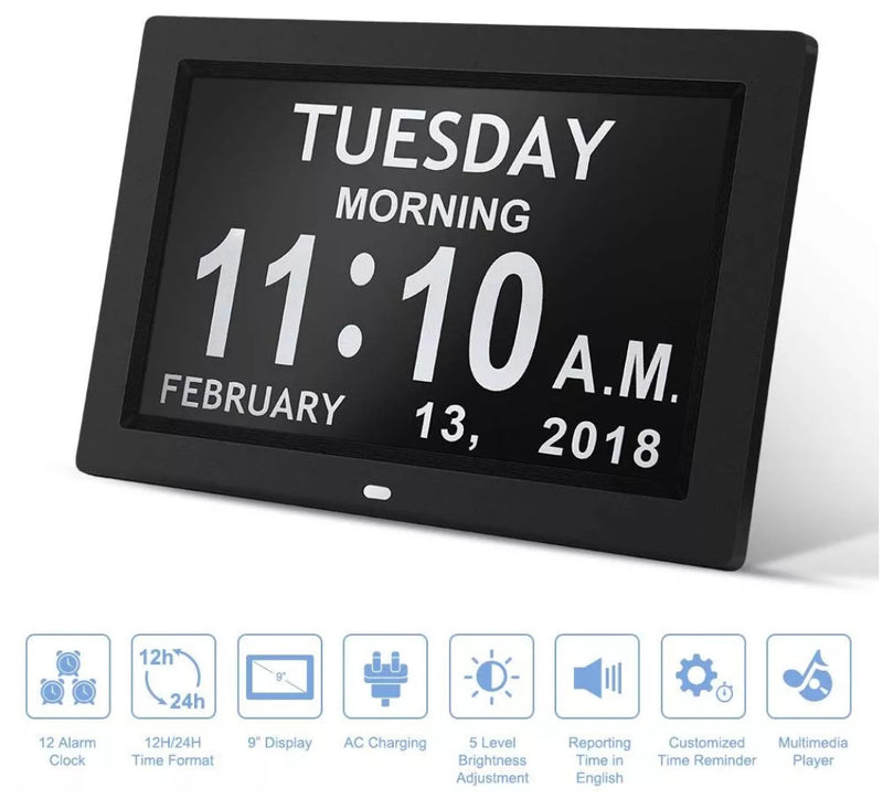 Black 10.1-Inch Digital Clock with Medication Reminders & Multi-Function Alarm - Ideal for Elderly Care