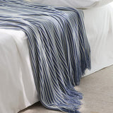 Blue Cozy Knit Throw Blanket with Fringe - Stylish Striped  Bed End Cover, 127x220CM