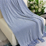 Blue Cozy Knit Throw Blanket with Fringe - Stylish Striped  Bed End Cover, 127x220CM