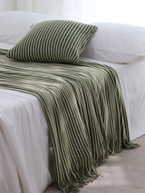 Green Cozy Knit Throw Blanket with Fringe - Stylish Striped  Bed End Cover, 127x170CM