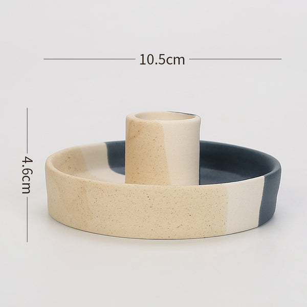 2 Pcs Blue, White And Yellow Stitching Straight Bottom Nordic Ceramic Candle Holder with Jewelry Dish