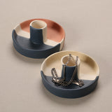 2 Pcs Blue, White And Yellow Stitching Straight Bottom Nordic Ceramic Candle Holder with Jewelry Dish