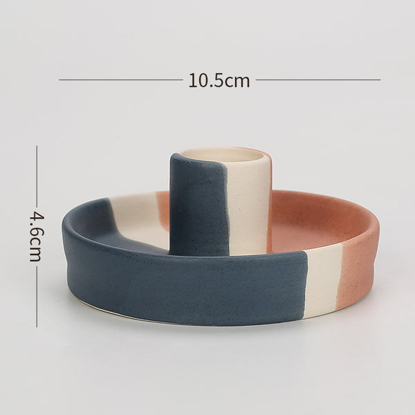 2 Pcs Blue, White And Orange Stitching Straight Bottom Nordic Ceramic Candle Holder with Jewelry Dish