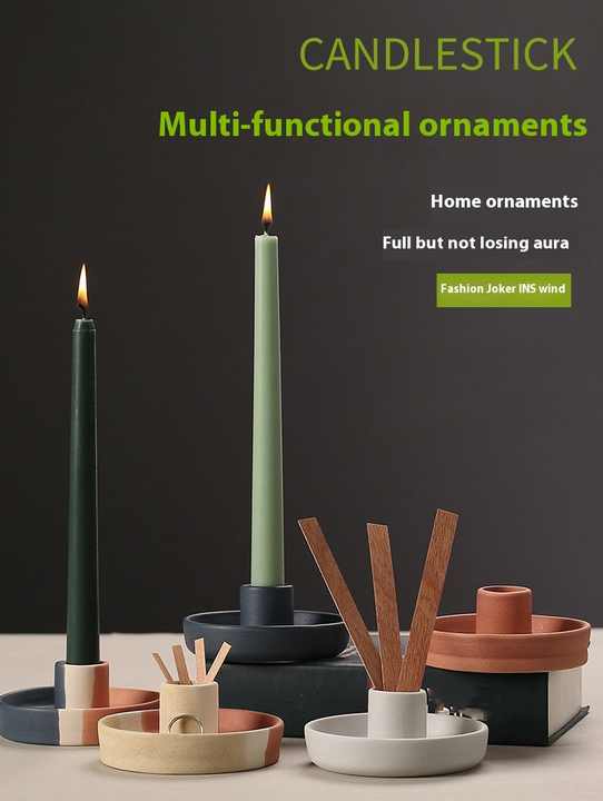 2 Pcs Blue, White And Orange Stitching Straight Bottom Nordic Ceramic Candle Holder with Jewelry Dish