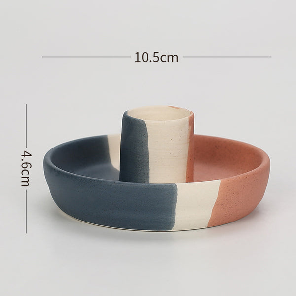 2 Pcs Blue, White And Orange Stitching Oval Bottom Nordic Ceramic Candle Holder with Jewelry Dish