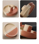 2 Pcs Yellow, White And Orange Stitching Straight Bottom Nordic Ceramic Candle Holder with Jewelry Dish