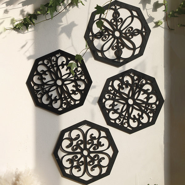 Black Set of 4 Intricate Wooden Octagonal Wall Art - European Style Mandala Decor Plaques