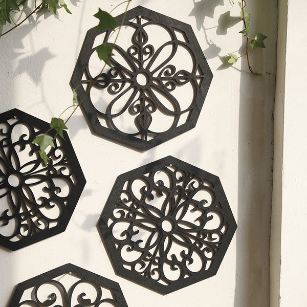 Black Set of 4 Intricate Wooden Octagonal Wall Art - European Style Mandala Decor Plaques