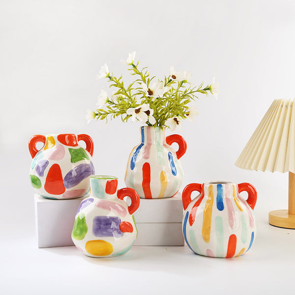 Colorful Charming Hand-Painted Ceramic Vase - Colourful Striped Jug Style Decorative Accent