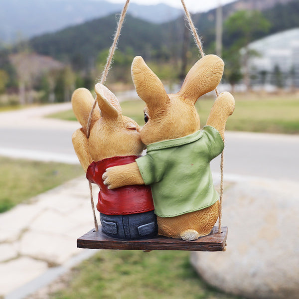Cartoon Rabbit Couple Swing Garden Ornament - Charming Resin Decor