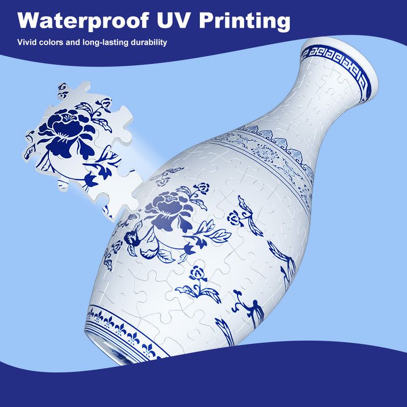Unique 3D Puzzle Vase with Built-in Water Holder - Fun DIY Project (Blue and White)