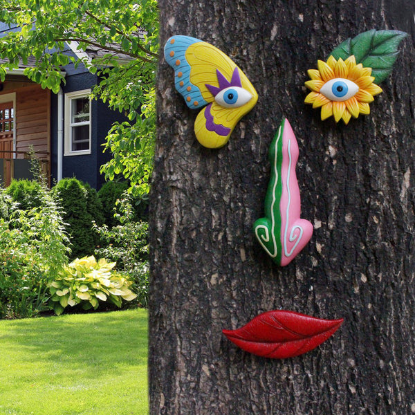 Colorful Vibrant Resin Tree Face Art - 4 Piece Whimsical Outdoor Garden & Wall Decor Set