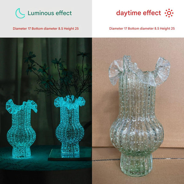 Green Elegant Glow-in-the-Dark Glass Vase - Vintage-Style Ruffled & Ribbed Centrepiece