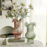 Pink Elegant Glow-in-the-Dark Glass Vase - Vintage-Style Ruffled & Ribbed Centrepiece