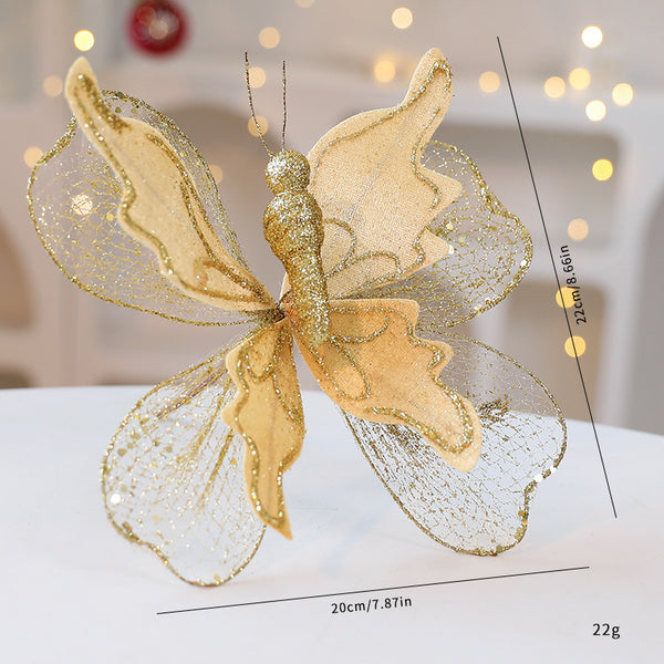 Gold Large Glitter Butterfly Christmas Ornaments (Set of 2) - Clip-On Decorations for Trees & Wreaths