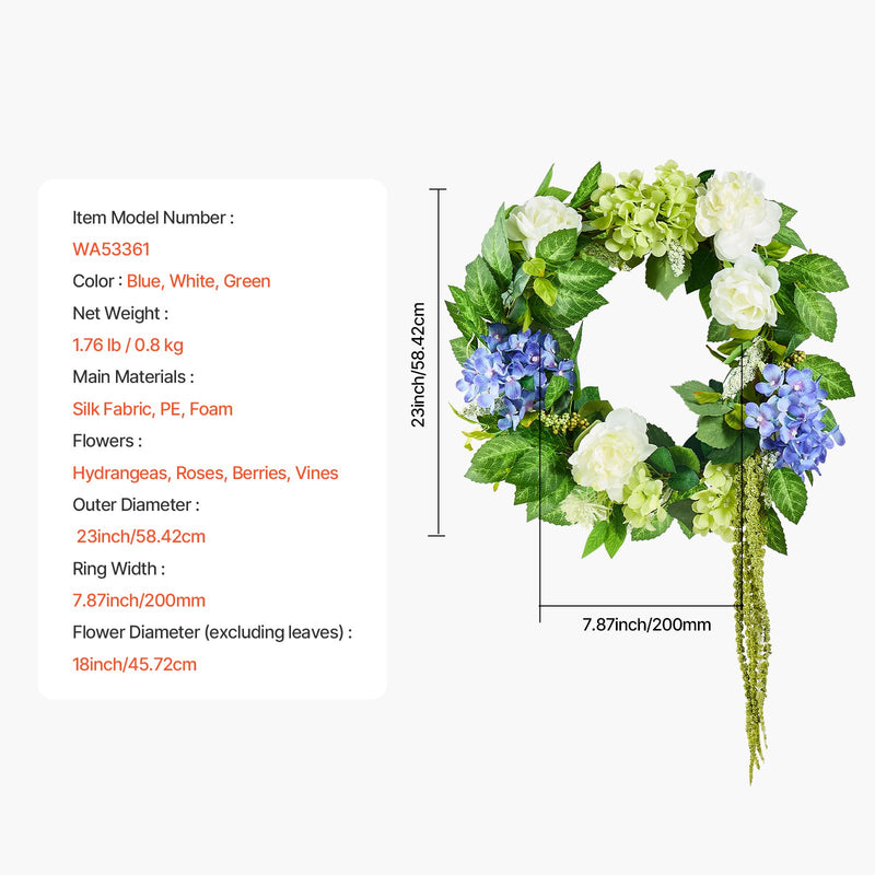 VEVOR Artificial Decorative Wreath 58.42 cm Blue White Green Hydrangeas Roses