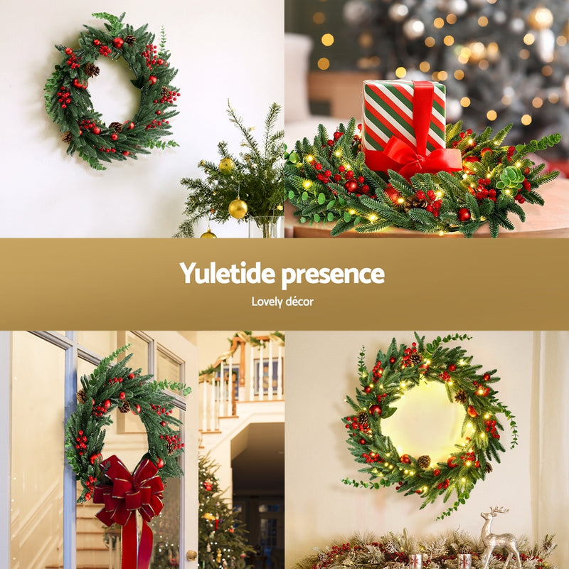 Jingle Jollys Christmas Wreath 60CM LED Garland Berries Pine Cones Party Decor